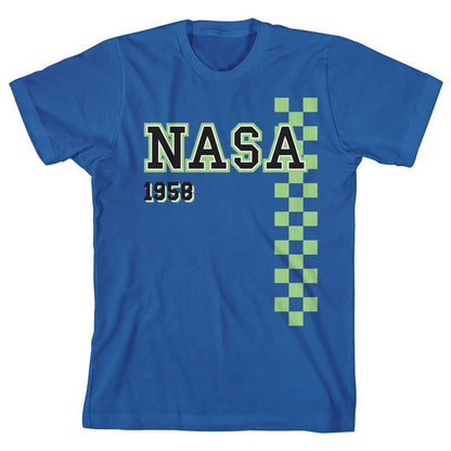تي شيرت أزرق مطبوع عليه شعار برنامج ناسا الفضائي الذي تأسس عام 1958 للأولاد