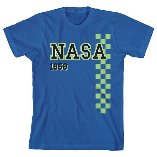 تي شيرت أزرق مطبوع عليه شعار برنامج ناسا الفضائي الذي تأسس عام 1958 للأولاد