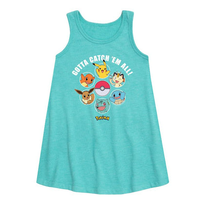 فستان بناتي بدون أكمام بتصميم جرافيكي من بوكيمون - Gotta Catch Em All