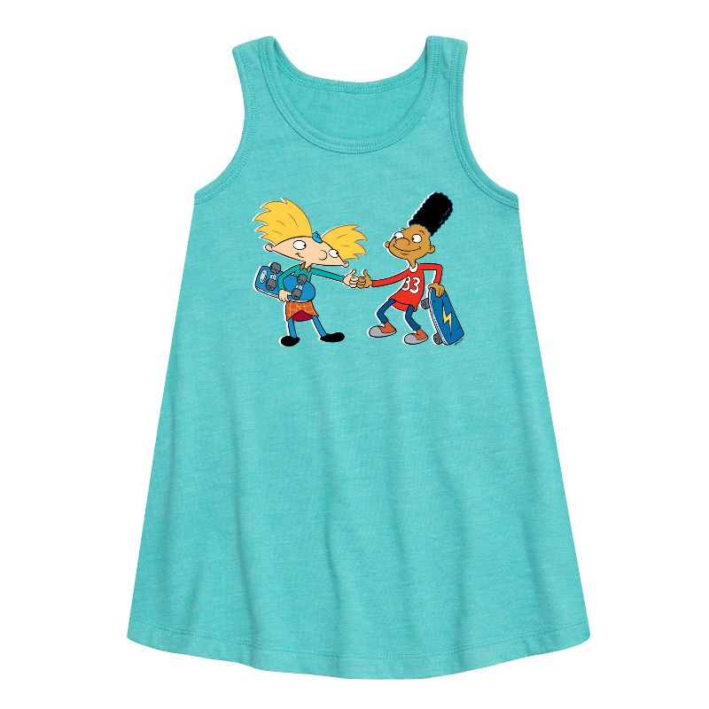 Girls' - Hey Arnold! - Arnold and Gerald Skateboard Graphic Sleeveless Aline Dress