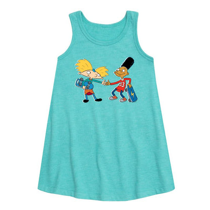 Girls' - Hey Arnold! - Arnold and Gerald Skateboard Graphic Sleeveless Aline Dress