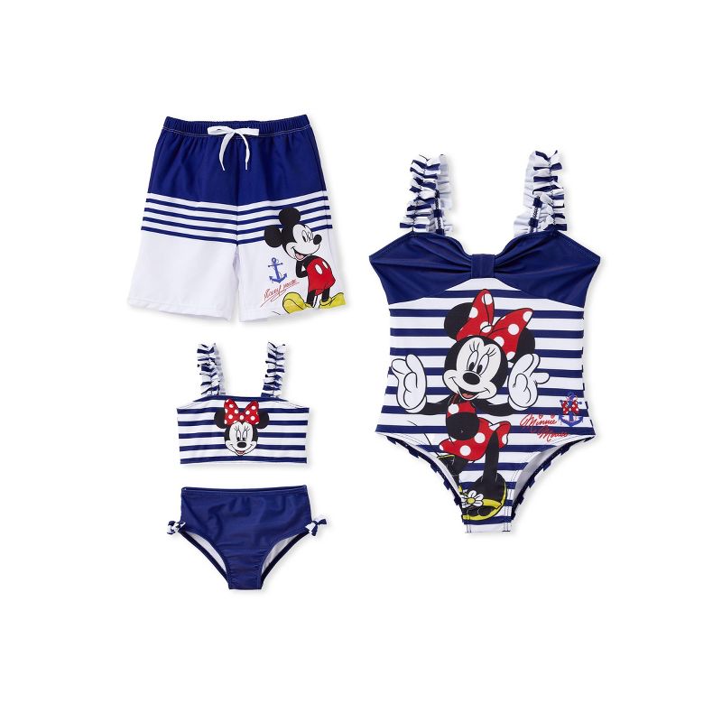 Disney Mickey Mouse Boys Swim Trunks Nautical Stripe Summer Beach Swimwear Drawstring Waist Board Shorts
