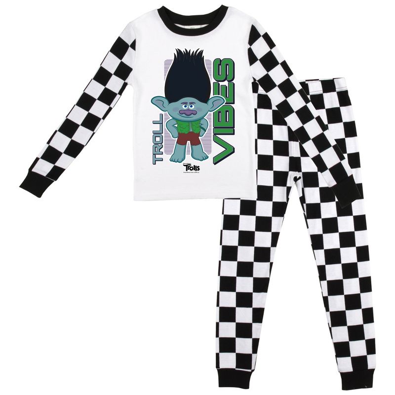 Universal Trolls Branch Character Pose Boy's Long Sleeve Shirt & Red & White Striped Sleep Pajama Pants Set