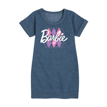 Girls' - Barbie - Argyle Graphic Short Sleeve Fleece Dress