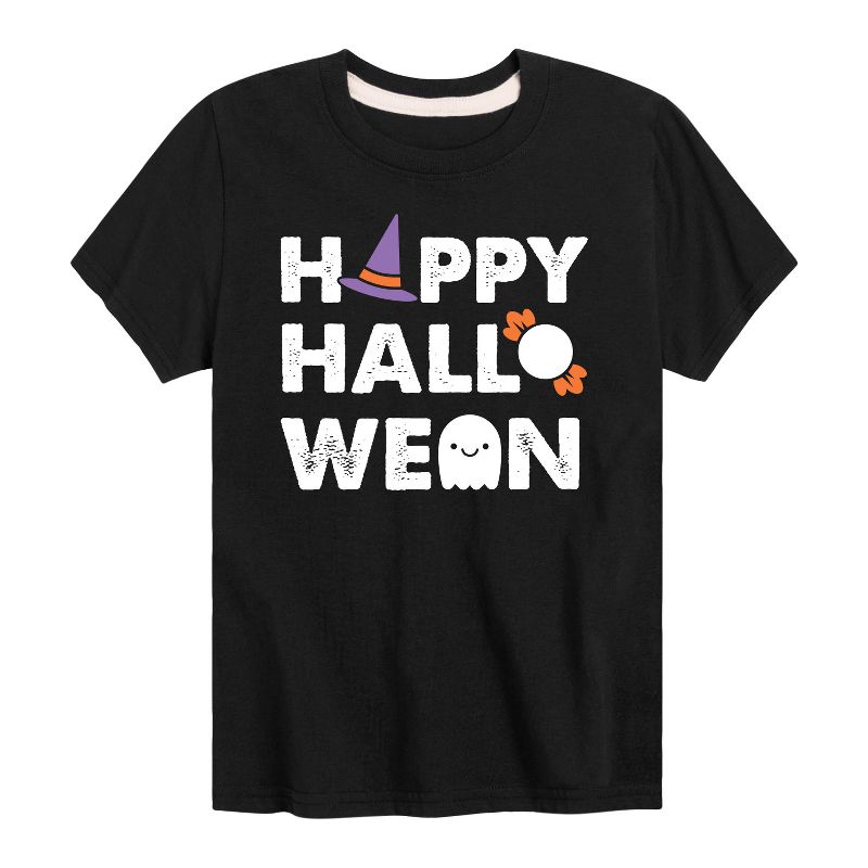 تي شيرت جرافيكي بأكمام قصيرة للأولاد - رسالة فورية - Happy Halloween Witch Ghost Candy