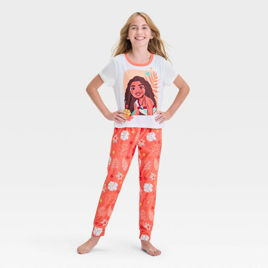 Girls' Moana 2pc Short Sleeve Pajama Set - Orange/White