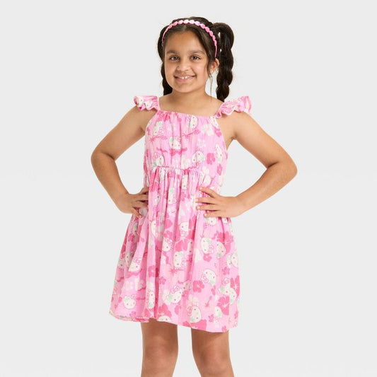 Girls' Hello Kitty Tropical Floral Ruffle Strap Dress - Pink