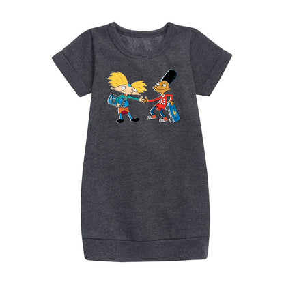 Girls' - Hey Arnold! - Arnold and Gerald Skateboard Graphic Short Sleeve Fleece Dress