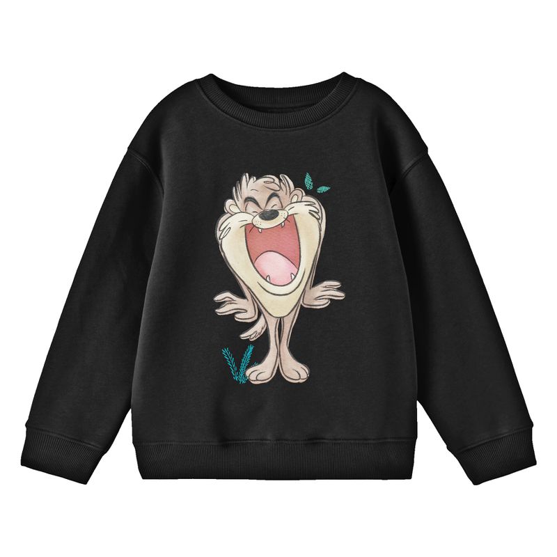 Looney Tunes Taz Being Happy Youth Black Crew Neck Sweatshirt
