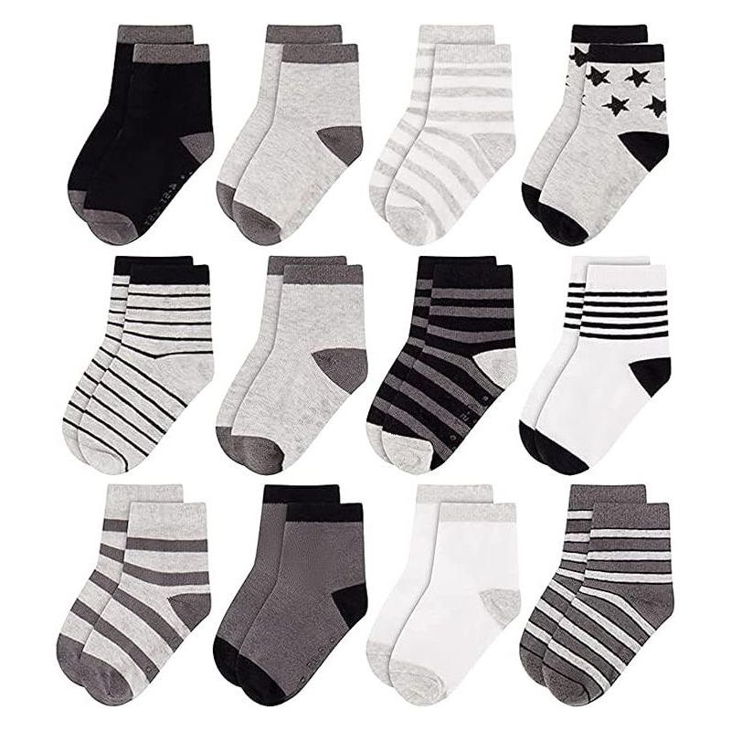 Gray & Black Kid's 12 pack socks for Boys and Girls, Toddlers Ages 2-5