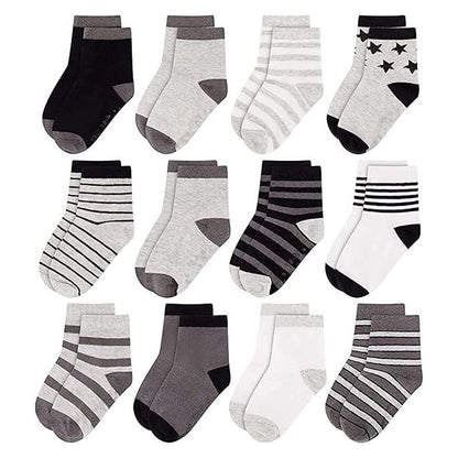 Gray & Black Kid's 12 pack socks for Boys and Girls, Toddlers Ages 2-5