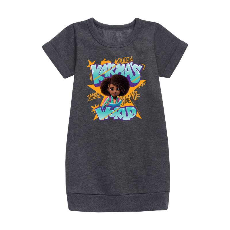 فستان صوف بأكمام قصيرة برسومات جرافيتي - عالم كارما - للبنات