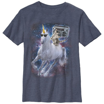 Boy's Lost Gods Boombox Cat and Unicorn Space Song T-Shirt