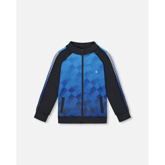 Deux par Deux Boy Printed Full Zip Athletic Cardigan Blue and Black