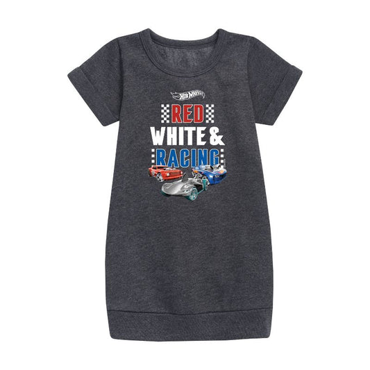 Girls' - Hot Wheels - Red, White, and Racing Graphic Short Sleeve Fleece Dress