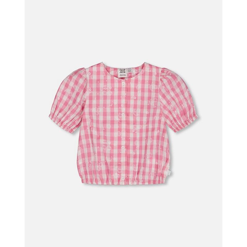 Deux par Deux Girl Puff Sleeve Top Pink and White Checks
