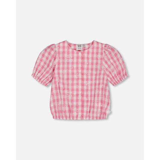 Deux par Deux Girl Puff Sleeve Top Pink and White Checks