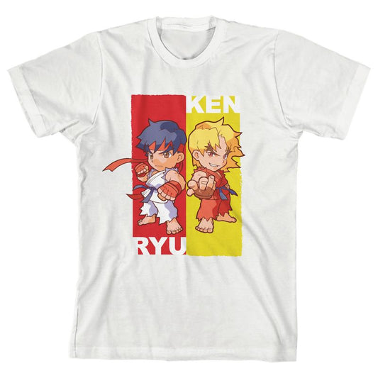 تي شيرت أبيض للأولاد بأكمام قصيرة ورقبة دائرية من Street Fighter Classic Ken &amp; Ryu Chips