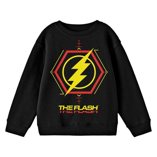 The Flash Movie Hexagon Thunderbolt Logo Crew Neck Long Sleeve Youth Black Sweatshirt