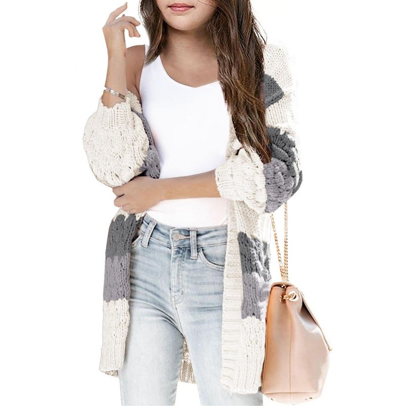 Girls Sweater Cardigan Open Front Longline Sweater Cable Knit Sweater Long Sleeve Color Block Sweater