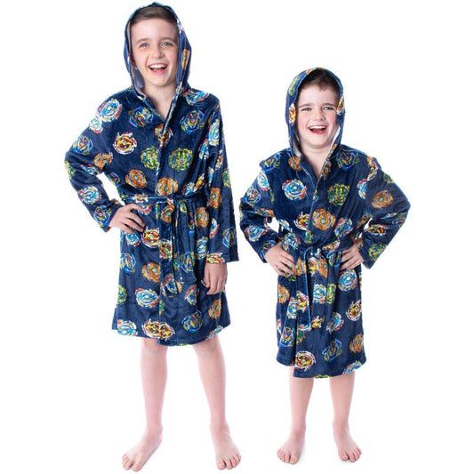 Beyblade Burst Boys' Spinner Tops Graphic Fleece Plush Hooded Robe Bathrobe Blue