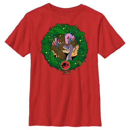 Boy's Jurassic World Dinosaur Christmas Wreath T-Shirt