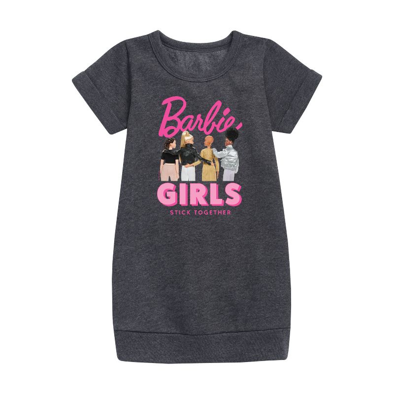 فستان باربي للبنات من الصوف بأكمام قصيرة مطبوع عليه رسومات "Stick Together"