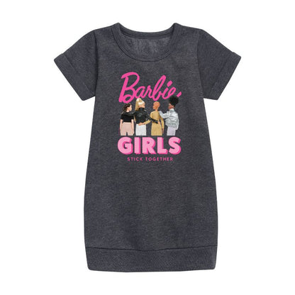 فستان باربي للبنات من الصوف بأكمام قصيرة مطبوع عليه رسومات "Stick Together"