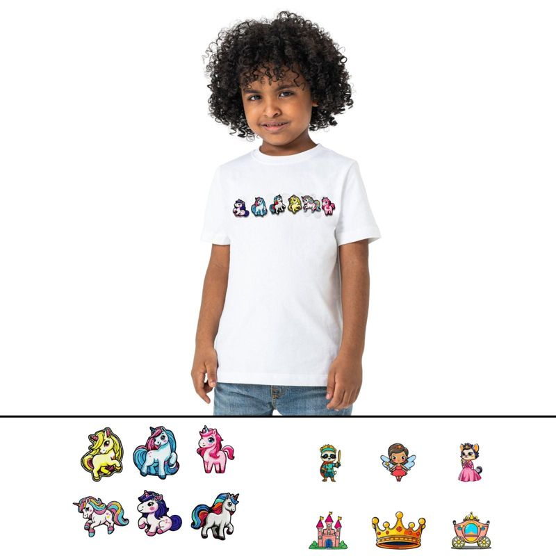 Rabble Kids' Unicorn Fairy Tale Tshirt Bundle – Custom Shirt with 12 Dabblz Velcro Patches