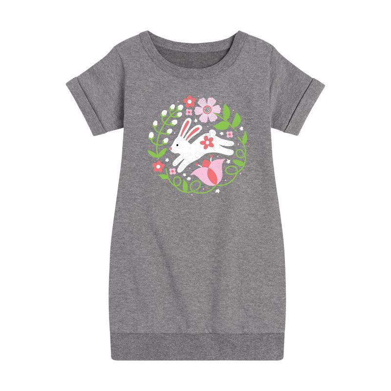 Girls' - Instant Message - Scandinavian Bunny With Flowers Graphic Short Sleeve Fleece Dress