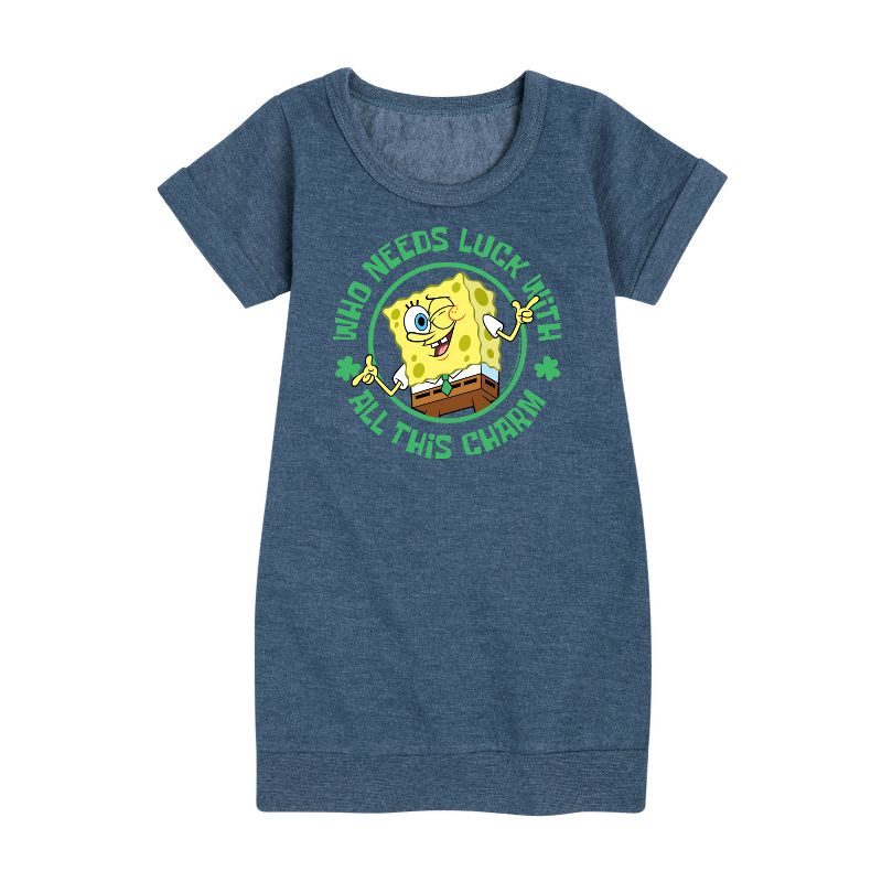 Girls' - SpongeBob Squarepants - Who Needs Luck With This Charm Graphic Short Sleeve Fleece Dress