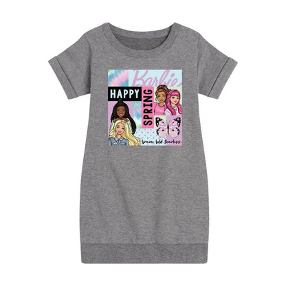 Girls' - Barbie - Happy Spring Graphic Short Sleeve Fleece Dress