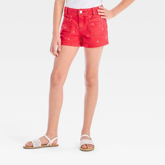 Girls' Mid-Rise Star Embroidered Denim Shorts - Cat & Jack™ Red