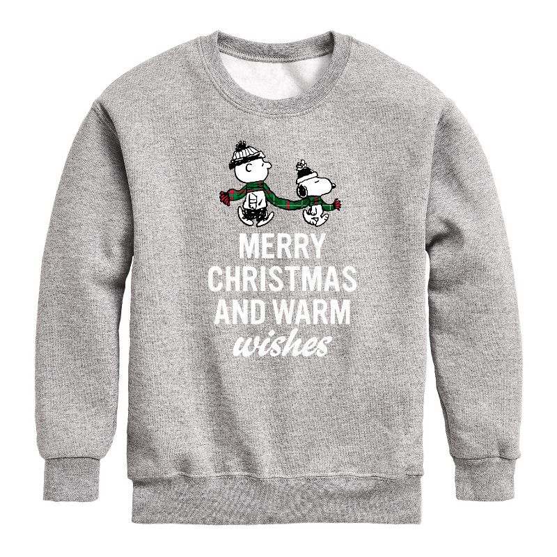 Boys' - Peanuts - Charlie Brown & Snoopy Merry Christmas Warm Wishes Graphic Long Sleeve Fleece Sweatshirt