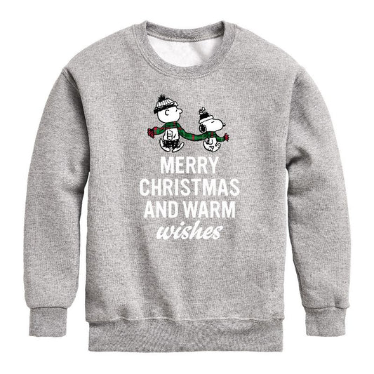 Boys' - Peanuts - Charlie Brown & Snoopy Merry Christmas Warm Wishes Graphic Long Sleeve Fleece Sweatshirt