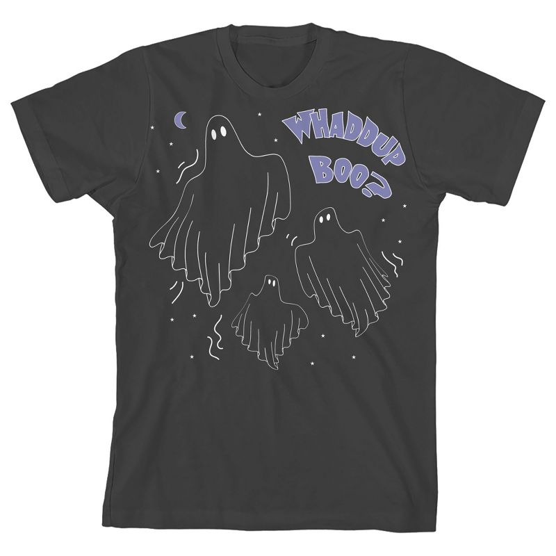 Kids Halloween Three Ghosts Waddup Boo Unisex Youth Charcoal Gray Short Sleeve Crew Neck Tee