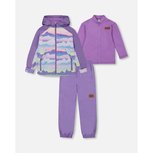Deux par Deux Girl 3-In-1 Mid-Season Outerwear Set with Printed Jacket Mauve and Blue, Pink Mountain