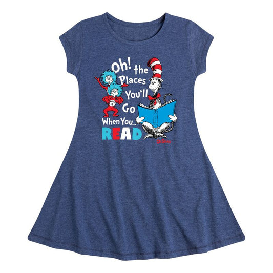 Girls' - Dr. Seuss - Oh Places Youll Go When You Read Fit & Flair Cap Sleeve Dress
