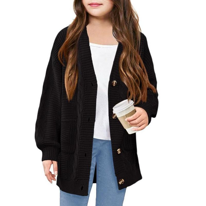 Girls Cable Knit Sweater Cardigan Front Button Cardigan with Side Pockets Above Knee Cardigan for Girls Winter Knitwear