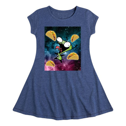 Girls' - Invader ZIM - GIR Loves Tacos in Space Fit & Flair Cap Sleeve Dress
