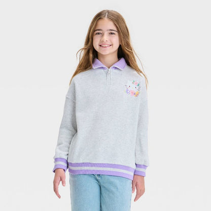 Girls' Hello Kitty & Friends Elevated 1/4 Zip Sweatshirt - Heather Gray