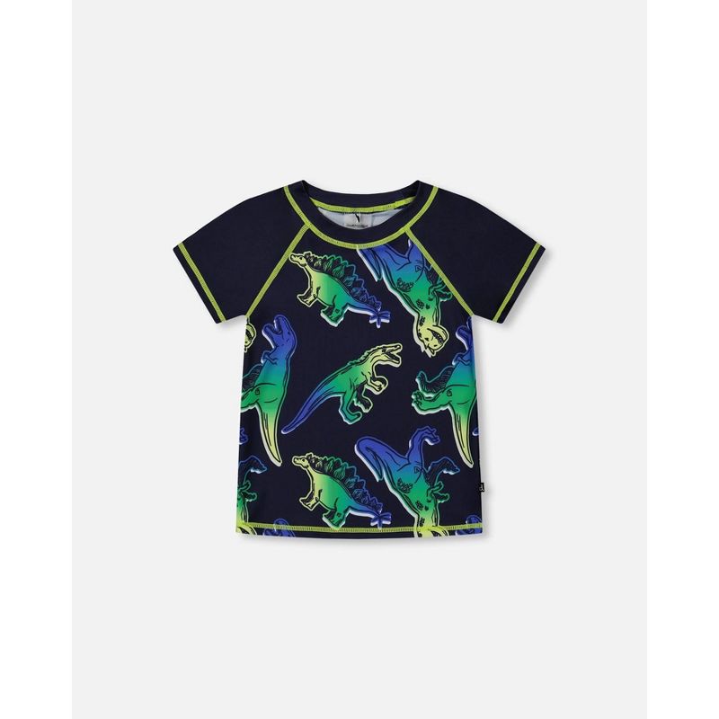 Deux par Deux Boy Short Sleeve Rashguard Blue and Green Dino on Navy