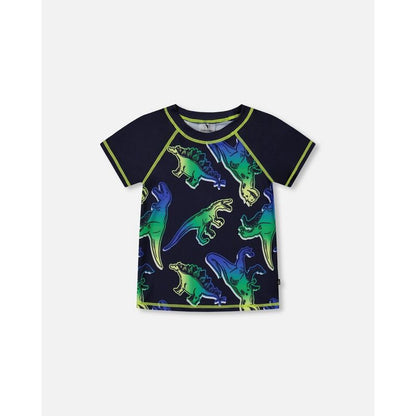 Deux par Deux Boy Short Sleeve Rashguard Blue and Green Dino on Navy
