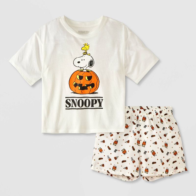 Girls' Oversized Halloween Snoopy T-Shirt and Boxer Pajama Set - White