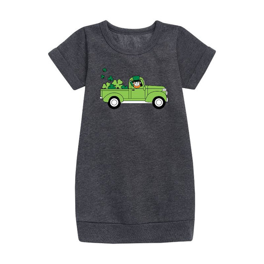 Girls' - Instant Message - St. Patrick's Day Leprechaun Truck Delivering Luck Graphic Short Sleeve Fleece Dress