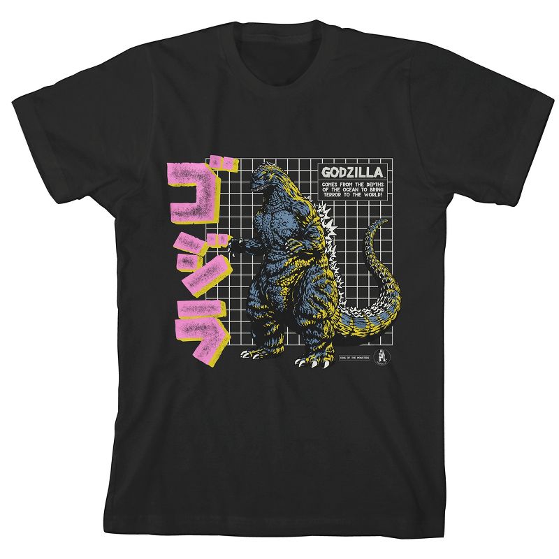 Godzilla Grid & Kanji Crew Neck Short Sleeve Boy's Black T-shirt