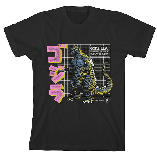 Godzilla Grid & Kanji Crew Neck Short Sleeve Boy's Black T-shirt