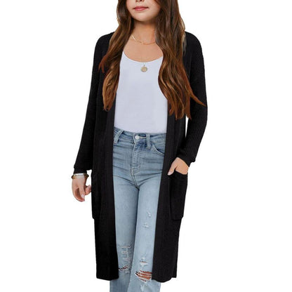 Girls Knee Length Cardigan Long Sleeve Open Front Sweater with Side Pockets