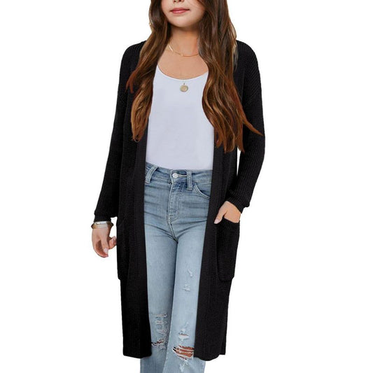 Girls Knee Length Cardigan Long Sleeve Open Front Sweater with Side Pockets