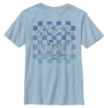 Boy's Lilo & Stitch Blue Checkered Palm Trees T-Shirt